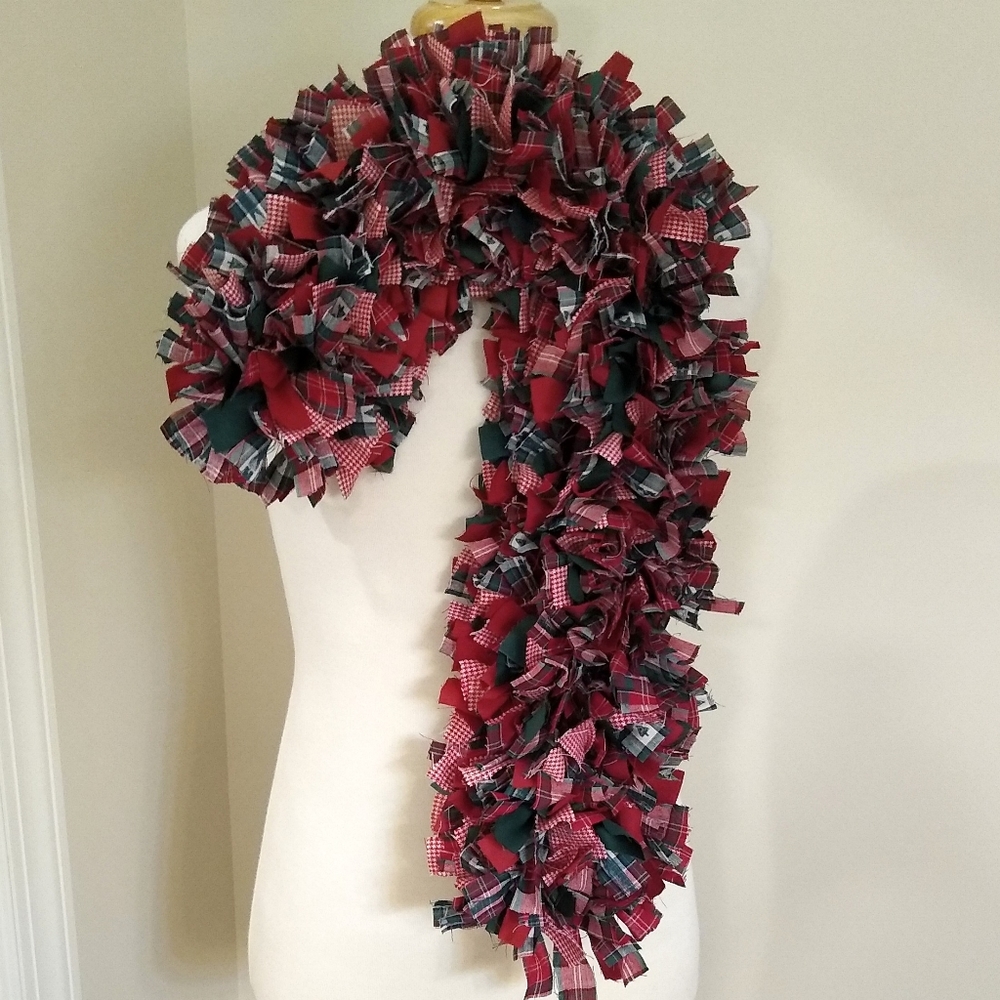 Hand crafted upcycled candy cane wreath + garland. Rag wreath.
